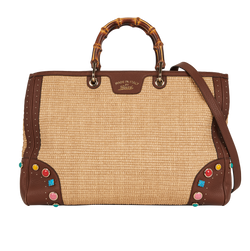 Bamboo Shopper, Raffia/Leather, Brown, 486628, S, 2*